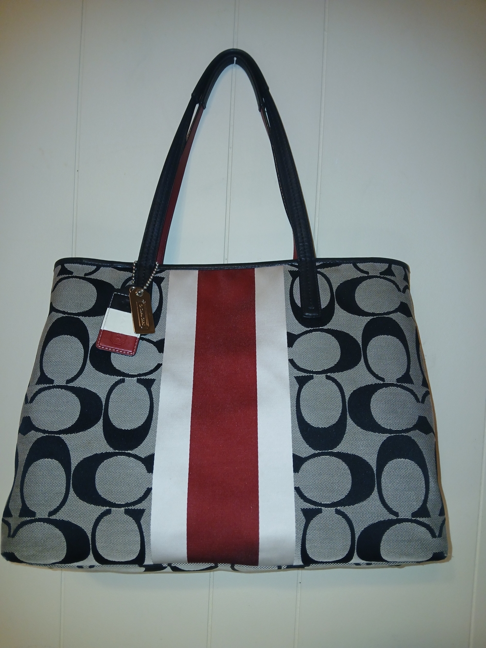 Coach Black & Ivory Signature Tote with Red Stripe